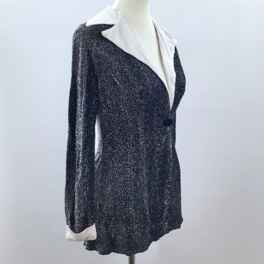 Vintage 1970s Disco Top Women's 10 Black White Metallic Butterfly Collar Retro - Picture 5 of 12